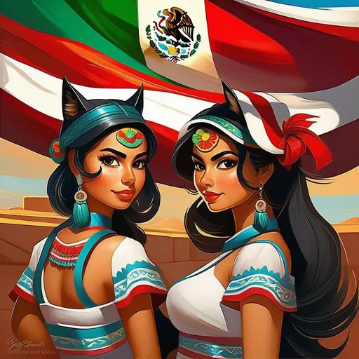 Prompt: Mexican catgirls, Mexican flag, cartoony style, extremely detailed painting by Greg Rutkowski and by Henry Justice Ford and by Steve Henderson 