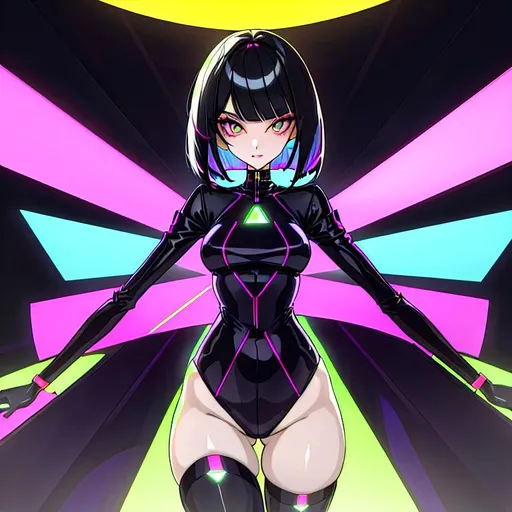 Prompt: a lonely AI girl, very tall, thick thighs, wide hips, huge glutes, long legs, slender arms, slender waist, big beautiful symmetrical eyes, intriguingly beautiful face, aloof expression, bob haircut with bangs, wearing Acid Neon-GothPop fashion clothes, high fashion, 12K resolution, hyper quality, hyper-detailed, 12K resolution, hyper-professional