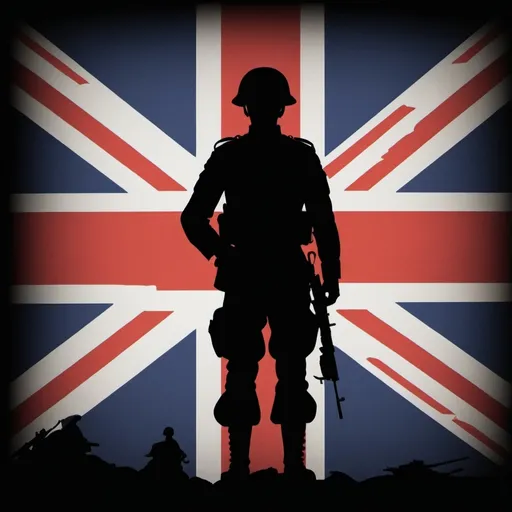 Prompt: union jack with a silhouette of a soldier