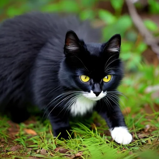Prompt: Black cat with one white paw, white inner ears, amber eyes, hiper realistic, background is a forest, white paw