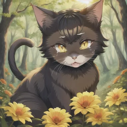 Prompt: cat in the forest, sunshine, tears, best quality, masterpiece, flowers