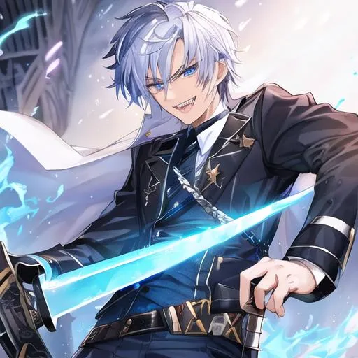 Prompt: 1 male character, 17 years old, dark blue eyes, white hair, sharp teeth, smile, anti-hero, sword armament