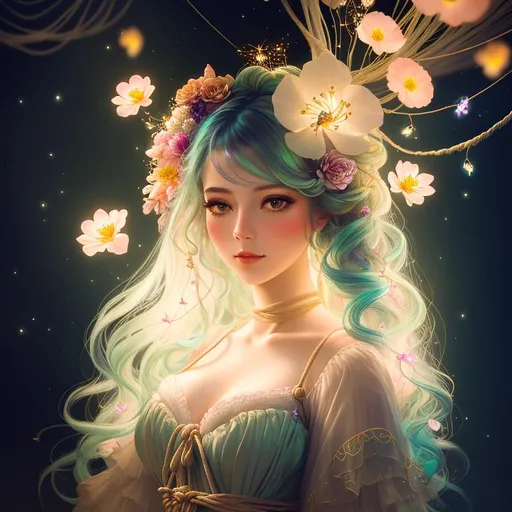 Prompt: front view painting of a beautiful girl, style of fragonard and Yoshitaka Amano (pastel hair with flowers, messy), shibari, ropes, ((forest background)), bioluminescent, (wearing intricate clothes), delicate, soft, fireflies, ethereal, luminous, glowing, dark contrast, celestial, ribbons, trails of light, 3D lighting, soft light, vaporwave