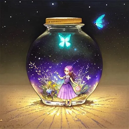 Prompt: very cute girl with purple hair chasing fireflies and butterflies in a colorful garden inside a lost transparent bottle resting in the sands of a beautiful beach at night. Starry moonlight night. Art by Jean Baptiste monge, catrin Welz-Stein, artgerm and van Gogh.