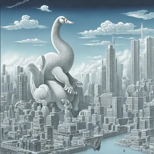 Prompt: Historical scan of a white goose Kaiju, the skyline of a large city