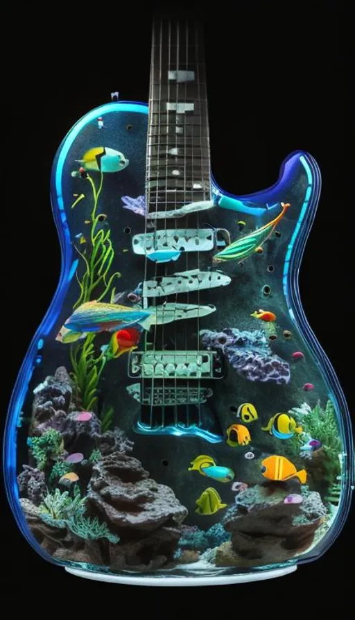 Prompt: an aquarium in the shape of an electric guitar, filled with colorful fish and marine plants inside. super clear resolution, high definition, extremely detailed, colorful, 32 k, cinematic postprocessing, crisp quality, 3d, photorealistic, award winning, cinematic lightning