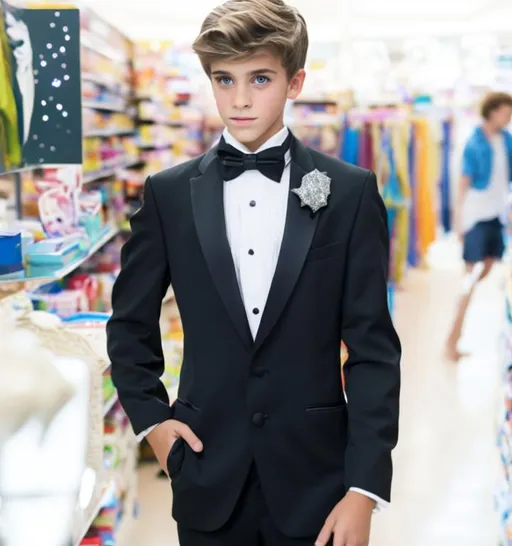 Prompt: Attractive teenage Boy in a tuxedo casting sparkly magic spell with a magic wand in a store