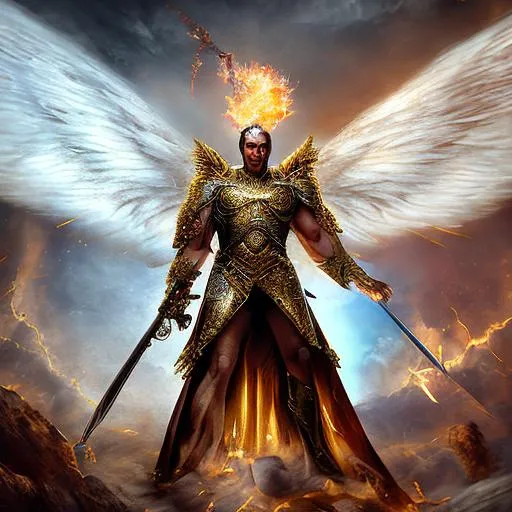 Michael the archangel with flaming sword, white wing...