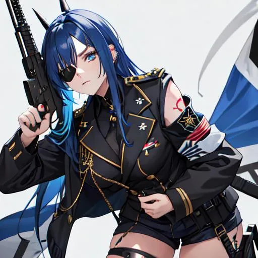 Prompt: (blue Messy hair with front spikes) wearing a eye patch that covers her right eye, wearing a military uniform, tattoos on her arms, holding a gun