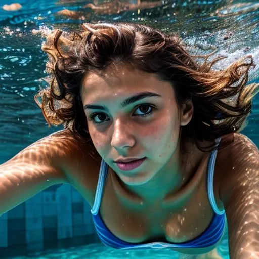 Prompt: romanian girl 19yo, blue tanktop, diving underwater in the ocean