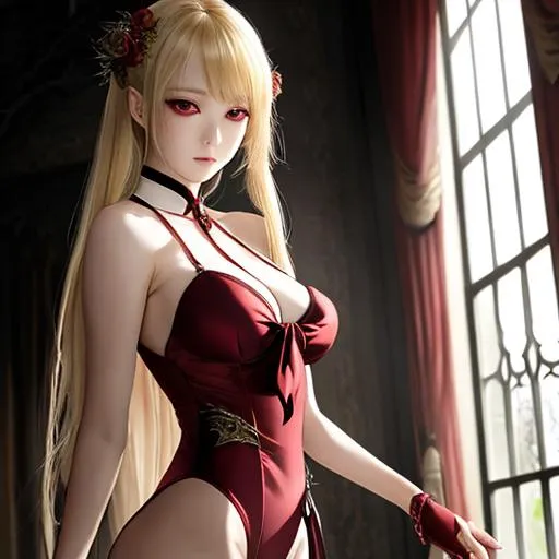 Prompt: (masterpiece), (full body, full entire body), (red eyes), realistic ,美少女 , beautiful face, cute face ,sunlight, cinematic light, one side long tie up blonde , leotard , 妖艶 , Vampire ,全身 , とがった耳 , dagger ,assassin , background red moon on the hill