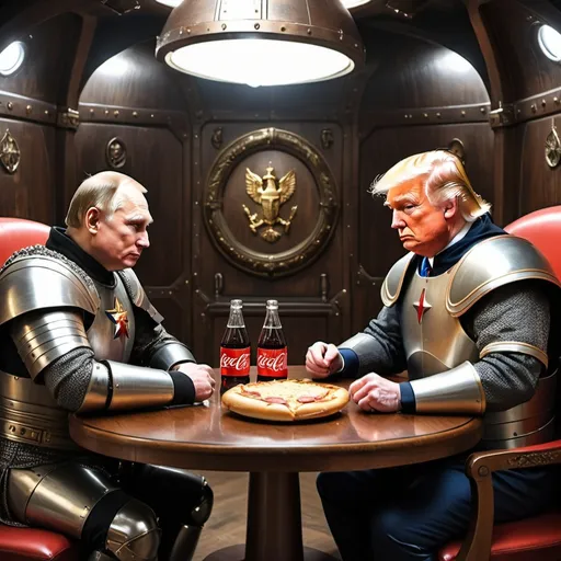 Prompt: one Trump and one Putin, they are in medieval armors, they take dinner together in a Spaceship, there are hamburgers, pizzas and Coca-Cola on their table, 