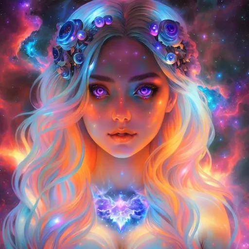 Prompt: Cosmic Epic Beautiful Nebula {Beautiful melancholy Female} Sorceress liquid plasma}, Beautiful and Gorgeous, Beautiful big reflective eyes, hyper realistic, expansive psychedelic background, hyper realistic, 64K --s99500