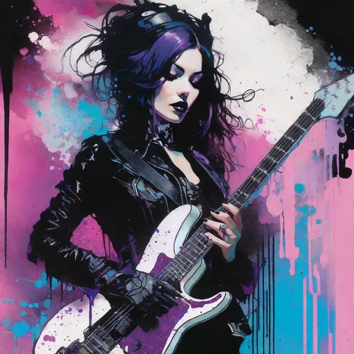 Prompt: Portrait of an gothic beautiful guitarist girl playing an electric guitar art by  Adam Hughes, Rene Gruau, Conrad Roset, john blanche, kent morkman, Minjae Lee, Benedick Bana, William burroughs, calligraphy smoke inking, dripping metallic crossed black, Pink, purple blue and metallic silver paint, Intricate portrait of ornate gothloli in ragged punk fashion, futuristic tattered rags, stylized fantasy art by wlop, artgerm, peter mohrbacher, bloodborne concept art, kentaro miura, kevin oneill, frazetta, trending on artstation, Masaaki asamoto beksinski frank miller lee bermejo Marc Simonetti egon schiele Joaquín Sorolla Simon Stalenhagmat brown  Matti Suuronen Jeffrey Larson druillet Tom Thomson Ross Tran James Turrell Van Gogh frazetta Rembrandt Louis Wain