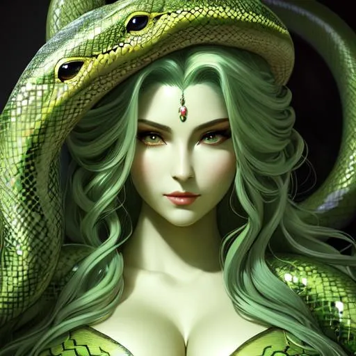 Prompt: Please produce a painted portrait of medusa, intricate, elegant, highly detailed, digital painting, art station, concept art, smooth, sharp focus, illustration, ((Giant extra huge massive boobs)), green skin, snakes
