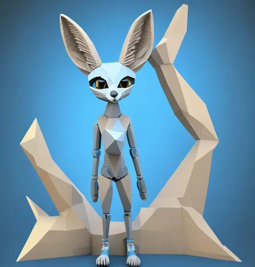 Prompt: 3D cardboard humanoid anthropomorphic  blue Fennec fox made from geometric figure digital art style
