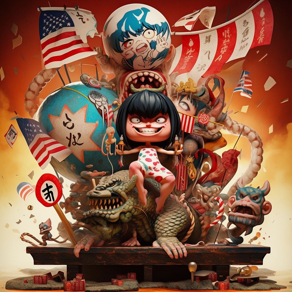 Prompt: a poster with an ugly little character in a bowl holding a flag up, in the style of todd schorr, dolly kei, explosive expressionism, sarah andersen, adorable toy sculptures, spray-paint based, ming dynasty