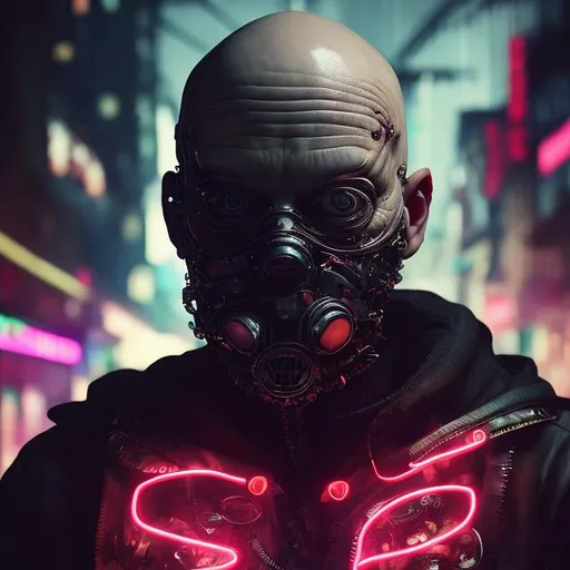 Prompt: A bald man with a ginger beard. 30yrs old. English. Fully masked. Cheeky grin. Bionic eyes and cyber enhancements. Lots of roses, Ferns and mushrooms in background. Figure is fully masked. Dark and edgy with neon accents. Cyberpunk style. Raw. Gritty. Dirty. Close up.