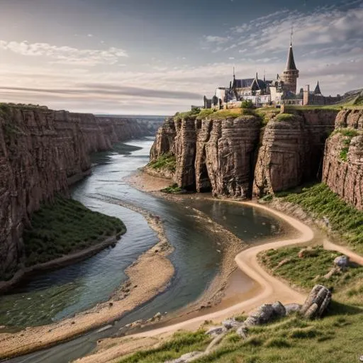 Prompt: Fantasy town along a wide deep river, one side only, panoramic picture, landscape, photo realistic, intricate details, open plains, no mountains
