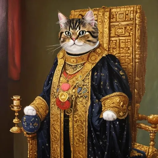 Prompt: An oil painting of a cat dressed as a emperor
