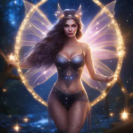 Prompt: hyper realistic, beautiful, stunningly full body form of a bright eyed, buxom woman, a fairy witch, in a glowing, sparkly, sheer, skimpy outfit on a breathtaking night with flying sprites around.