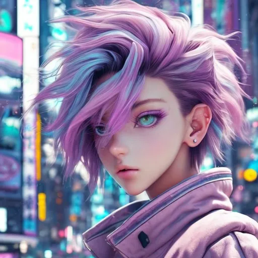 Prompt: New character. Stunning. Cute. Mesmerising . Pheromones. Innocent. Naive. Alluring. Young woman. beauty. Interesting eye makeup. Pastel coloured hair. Incredibly gorgeous. Sweet. Very Futuristic clothes. Realistic. Gritty. Detailed. Medium close-up. Neo Tokyo background
