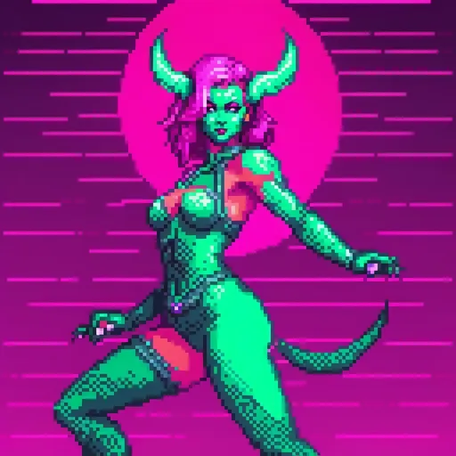 Prompt: a beautiful female demon in a dynamic pose in a retro futuristic synthwave cyberpunk neon paradise.  neon lighting, high quality, beautiful, masterpiece, artistic, synthwave, cyber, retro, futuristic