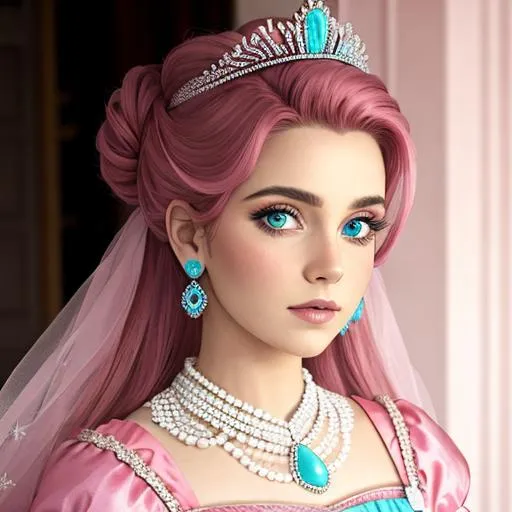 Prompt:  princess wearing pink, hair in an updo, tiara with a turquoise in the center, facial closeup