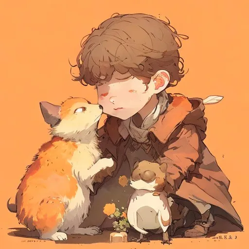 Prompt: character design of someone petting a small animal close up illustration by demizu posuka warm colors orange values