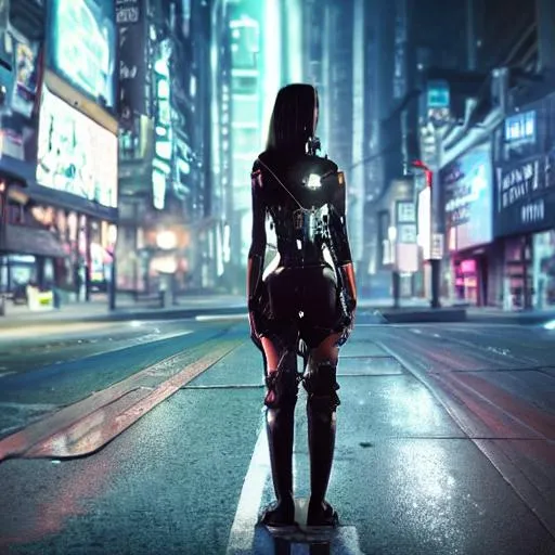 Prompt: hyperrealistic, intricate, cyborg girl standing in street of nighttime futuristic dystopian city