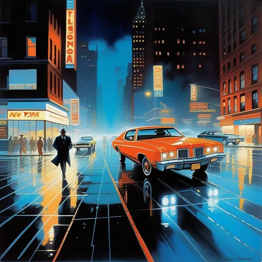 Prompt: 1970s, downtown New York at night, neon, car chase, rain, fog, cold blue atmosphere, cartoony style, extremely detailed painting by Greg Rutkowski and by Henry Justice Ford and by Steve Henderson 

