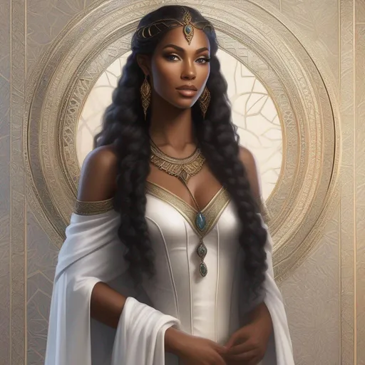 Prompt: A tall elvish woman with african american features,