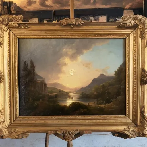 Prompt: photo of an antique oil painting of a landscape  with a classicist frame, on an easel

