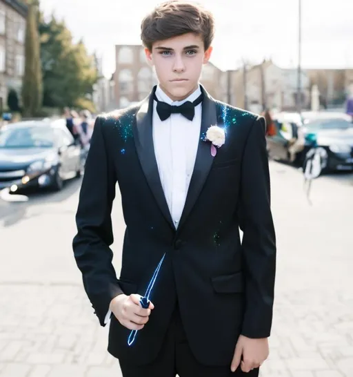 Prompt: Attractive teenage Boy in a tuxedo casting a evil sparkly magic spell with his magic wand on his girlfriend 