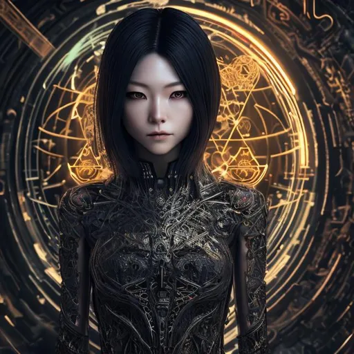 Prompt: CGI, 4K high resolution, modern style, japanese female, smirking, intricate dark blonde hair, thin clothing, surrounded by alchemy symbols