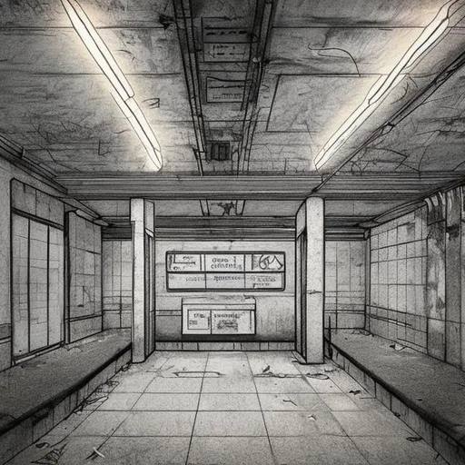 Prompt: simple drawing of an abandoned subway station.

