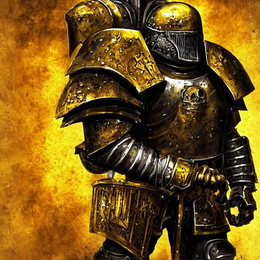 Heroic knight damaged golden plate armor rendered in