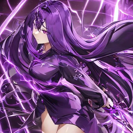Prompt: Beautiful female, detailed eyes, has a sword emanating lightning, a young anime woman with long purple luxurious hair with a fringe haircut, purple eyes, disoriented due to memory loss, wearing a neon purple t-shirt inside of a black coat with chains, not too revealing, wears black leather gloves, an amethyst hairclip in her hair, fantasy, clear sparkling orange glowing eyes, orange eyes, intricately detailed face, intricate, highly-detailed, ultrarealistic face, large landscape, mechanics, dramatic lighting, gorgeous face, lifelike, stunning, digital painting, large, artstation, illustration, concept art, smooth, sharp focus, highly detailed painting, looking and smiling at viewer, full body, photography, detailed skin, realistic, photo-realistic, 8k, highly detailed, full length frame, High detail
