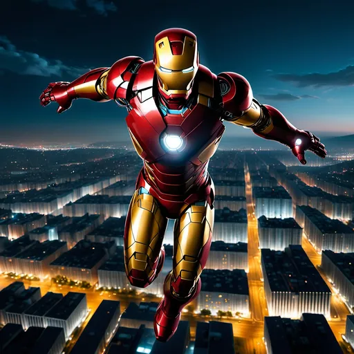 Prompt: Iron Man flying over a cityscape at night.
