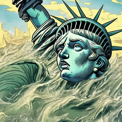 Prompt: Lady Liberty New York drowning, Seascape Scene,  Sergio Aragonés MAD Magazine cartoon style 