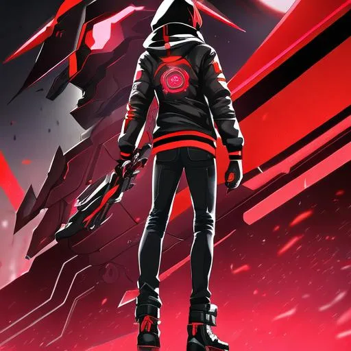 Prompt: Male character, black but red neon gas mask, cyber netrunner hood (black but neon red), neon red Sword In its Back, Red Mecha Cyber Jacket, black jeans, red shoes