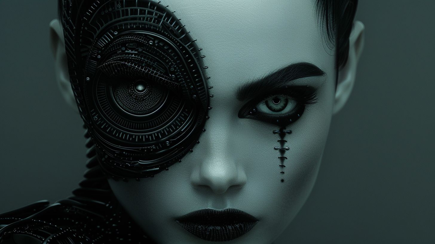 Prompt: london artist hsinalu scifi clock, in the style of fashion photography, dark silver and silver, canon eos 5d mark iv, body art, aggressive digital illustration, blink-and-you-miss-it detail, back button focus