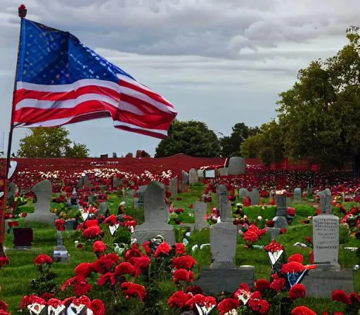 Prompt:  photo realistic 
Detailed, graveyard full of red roses in vases by every tombstone on a stormy moonlit night as the american flag sways in the wind 