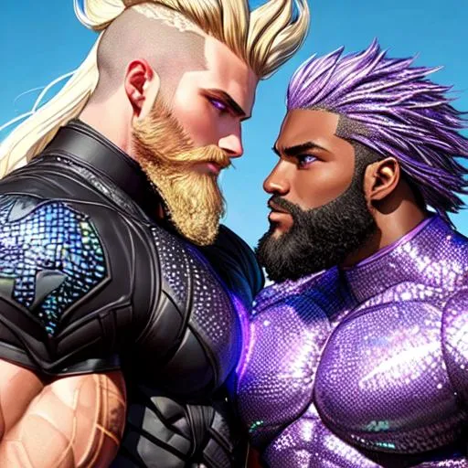 Prompt: hyper-muscular super handsome,  identical black twin heads atop one full broad-shouldered vehicle body, silver-purple skinned alien male teenager gods, scaly reptilian skin, iridescent colored scales, blonde hair and red sparkly beards, realistic, accurate fine facial features, dynamic, defined, confirmed, conformed, fabulous, gorgeous, cropped beard, bald head, wearing a pair of teal blue speedo swim briefs that are bulging in front, standing on a white sand beach in Hawaii at dusk