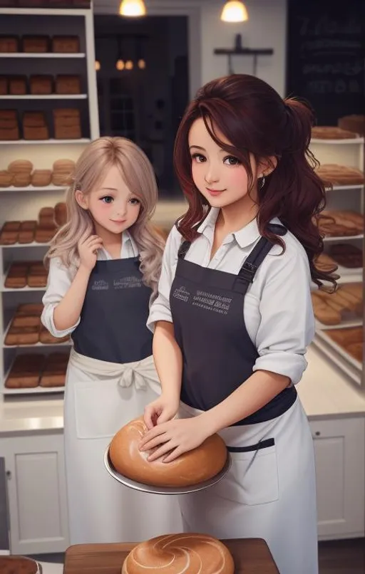 Prompt: ombre hair, busy time a the bakery, baking, 2 girls, apron, mole under eye, mole on body, indoors, ((full body)) {{good looking}} {{cute}} {{good body}} {{tight}}, symmetrically colored hair, {{shadows}},
