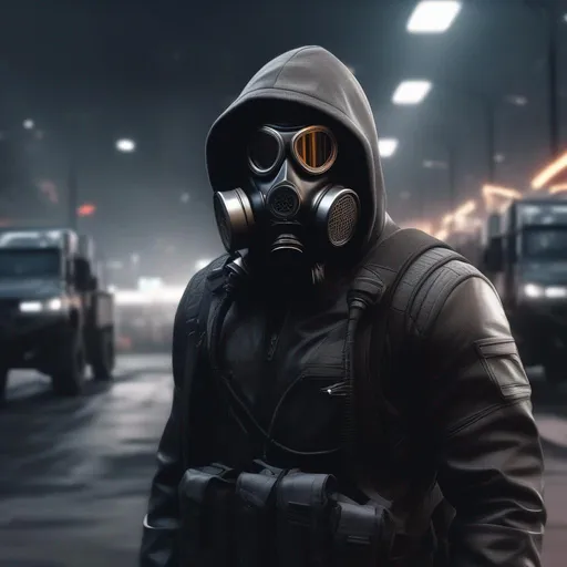Prompt: Male agent with a gas mask, black and grey cyberpunk outfit with a hood, background black truck in road, Hyperrealistic, sharp focus, Professional, UHD, HDR, 8K, Render, electronic, dramatic, vivid, pressure, stress, nervous vibe, loud, tension, traumatic, dark, cataclysmic, violent, fighting, Epic