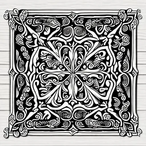 Prompt: a black and white coloring page of a wooden sign with intricate scrollwork