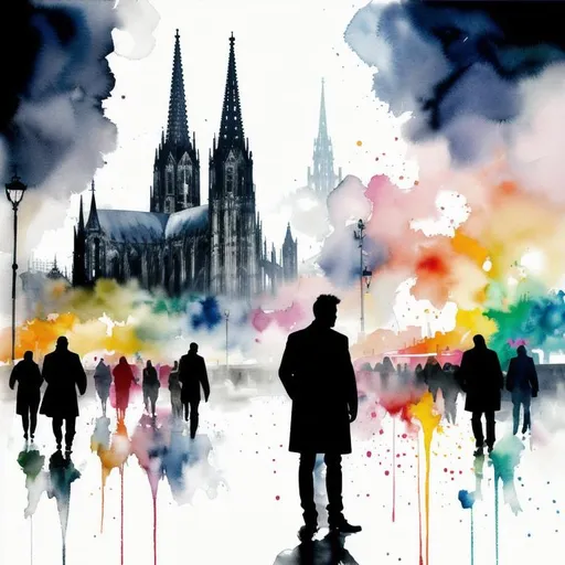 Prompt: cologne dome and the ring map of cologne city, by Willem Haenraets, rainbow-watercolor, wet on wet and splattering techniques, centered, perfect composition, abstraction, surrealism