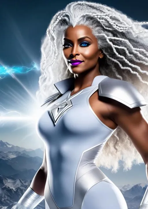 Prompt: High-resolution hyperrealistic photo of x-man storm ororo munroe merged with avenger photon monica rambeau, white hair, grey and white costume, white cape, flight, uhd, hdr, 64k