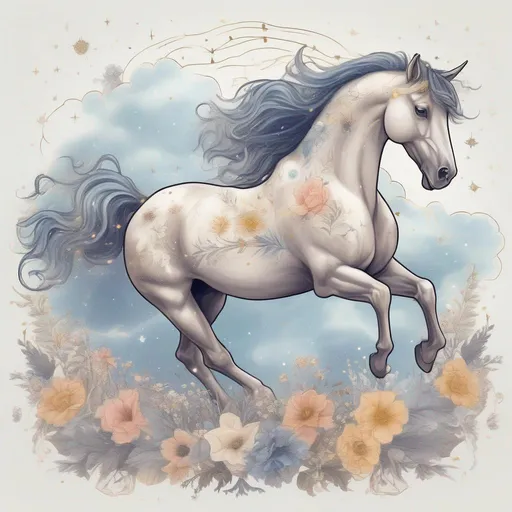 Prompt: A beautiful pegasus with constellations on its sides, walking in a field of clouds and flowers in a painted style